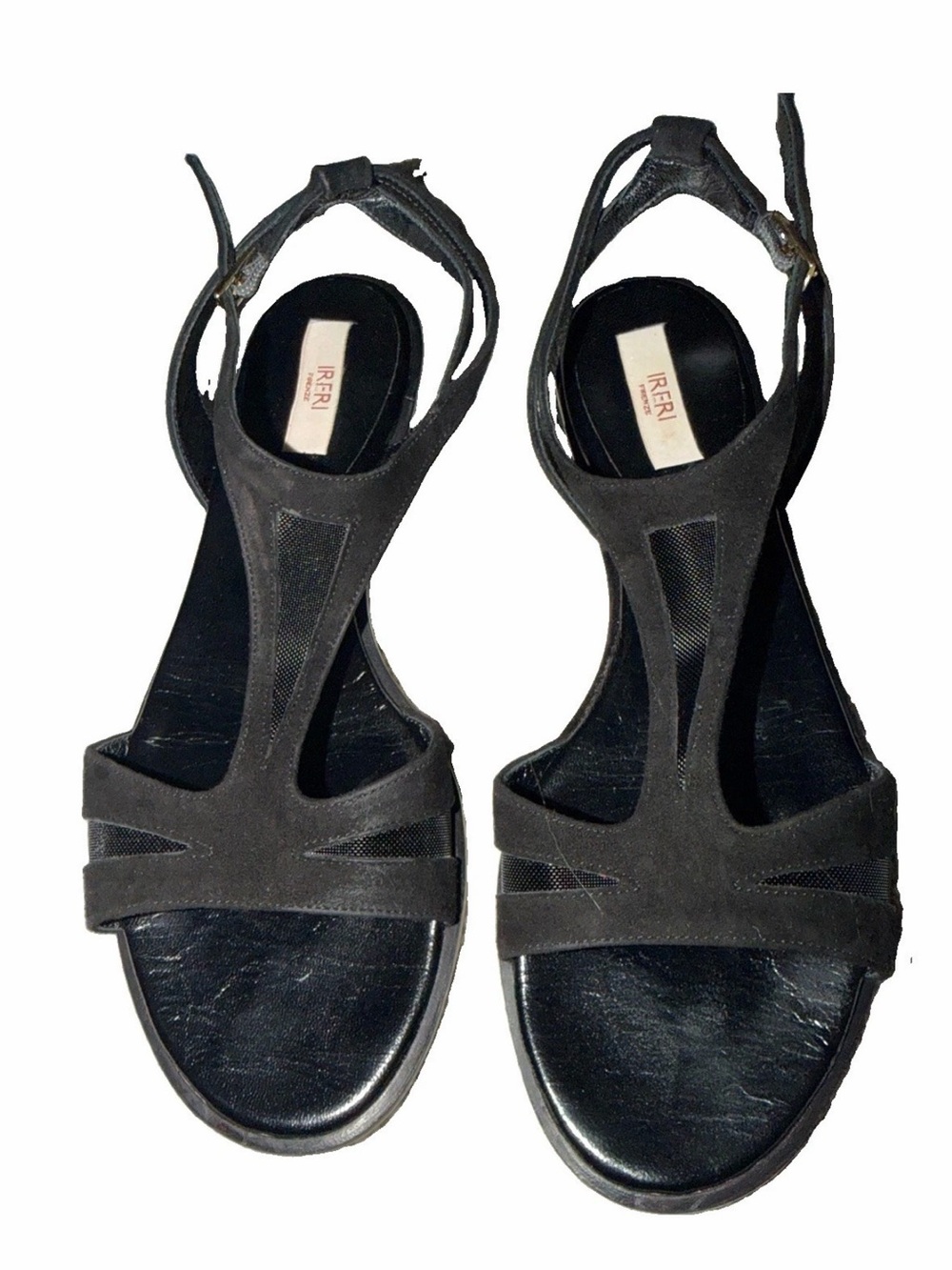 IRERI FIRENZE Black Suede Mesh Heeled Sandals – Italian Designer Sz 38